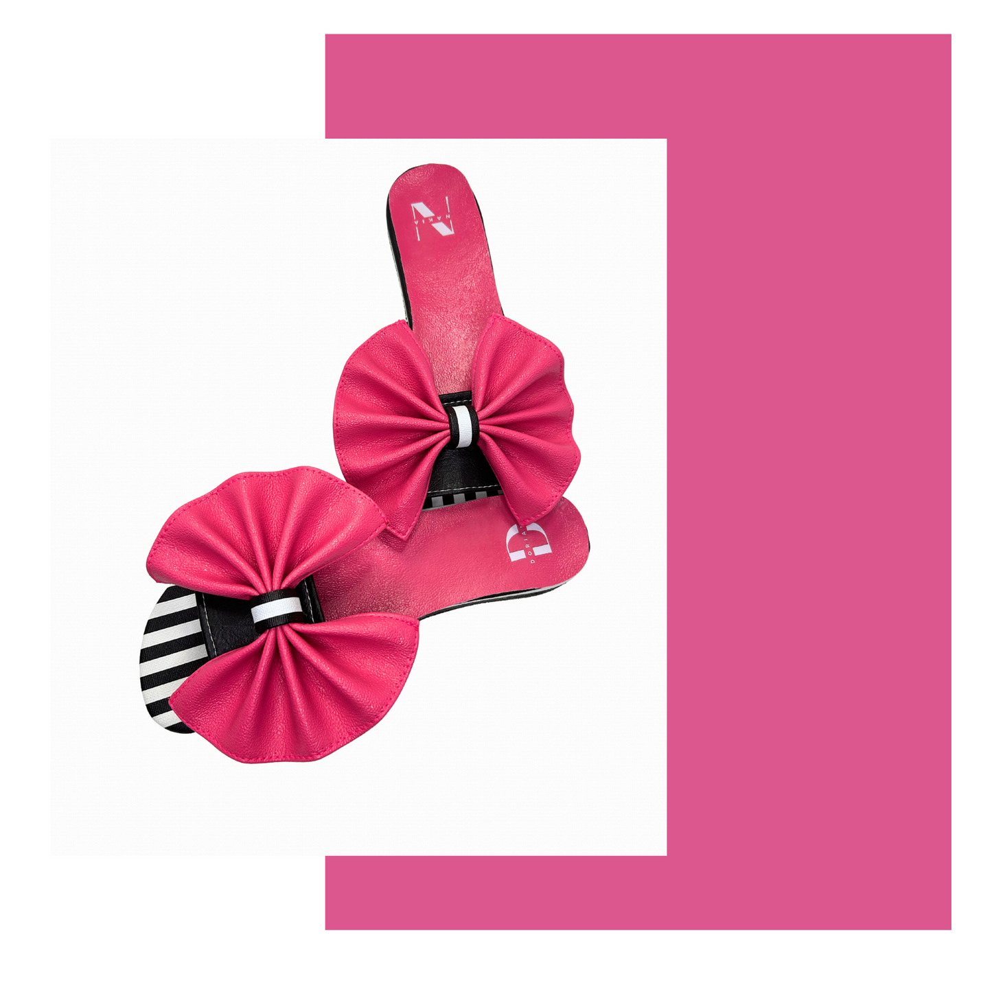 Handmade Fanfare Sandals (Pre-Order) Fuchsia Black & White Stripe Slides (Faux Leather)